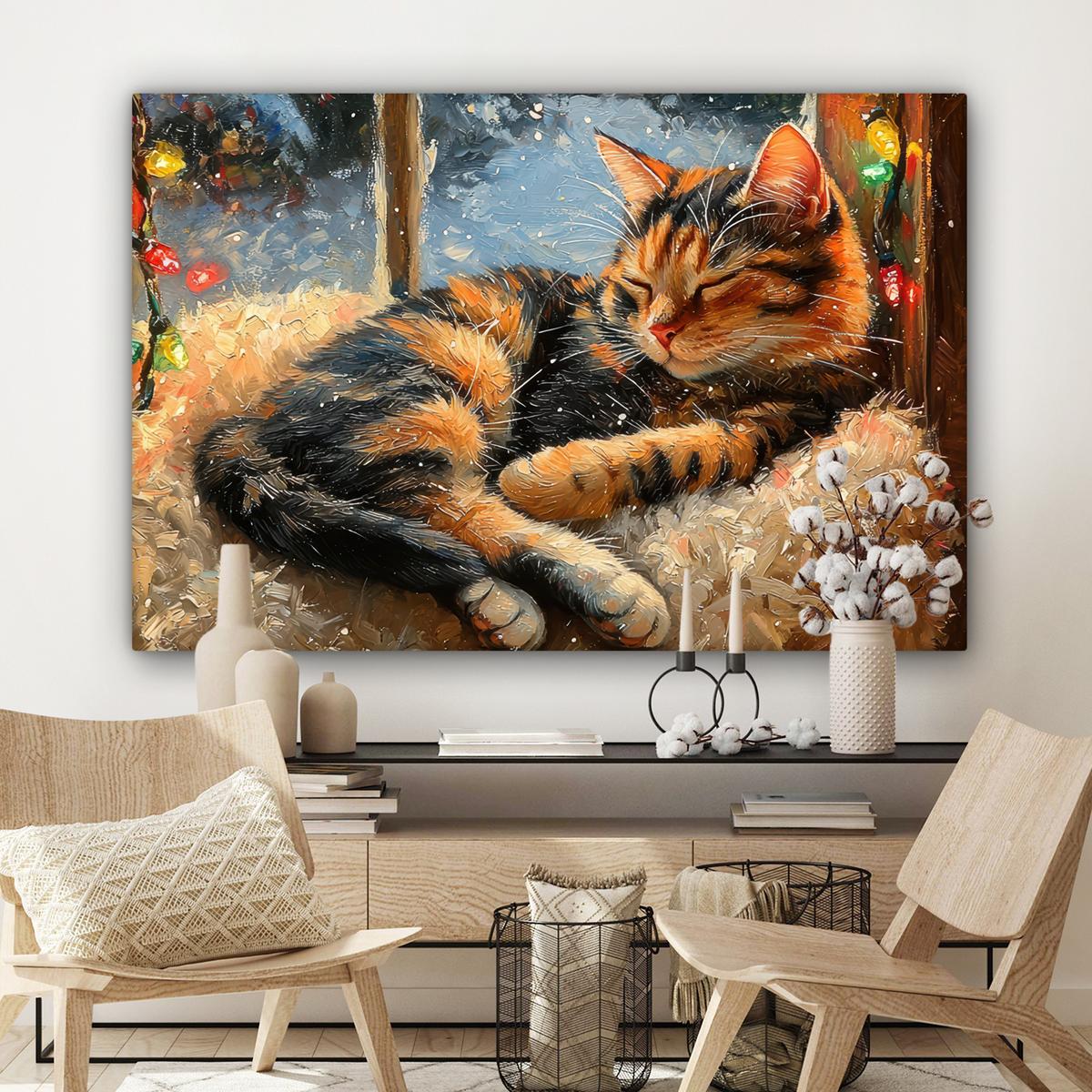 LEINWANDBILD Katze - Weihnachten - Winter - Tier Groß 140x90 cm - Bernsteinfarben, Textil (140/90cm) - MuchoWow
