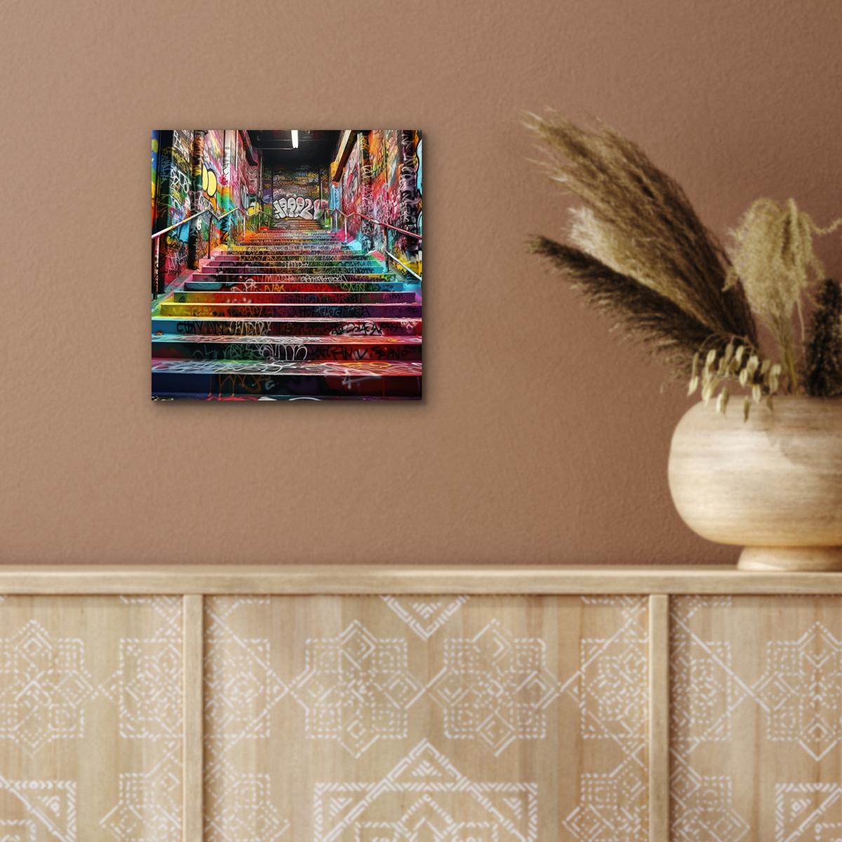 METALLBILD Treppe - Graffiti - Farben - Kunst 20x20 cm - Multicolor, Metall (20/20cm) - MuchoWow