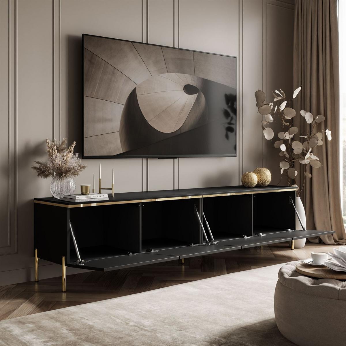 TV-SCHRANK CELINE 200 cm schwarz matt auf gerade goldenen Füßen - Schwarz, Holzwerkstoff (200/49/40cm) - Lookway