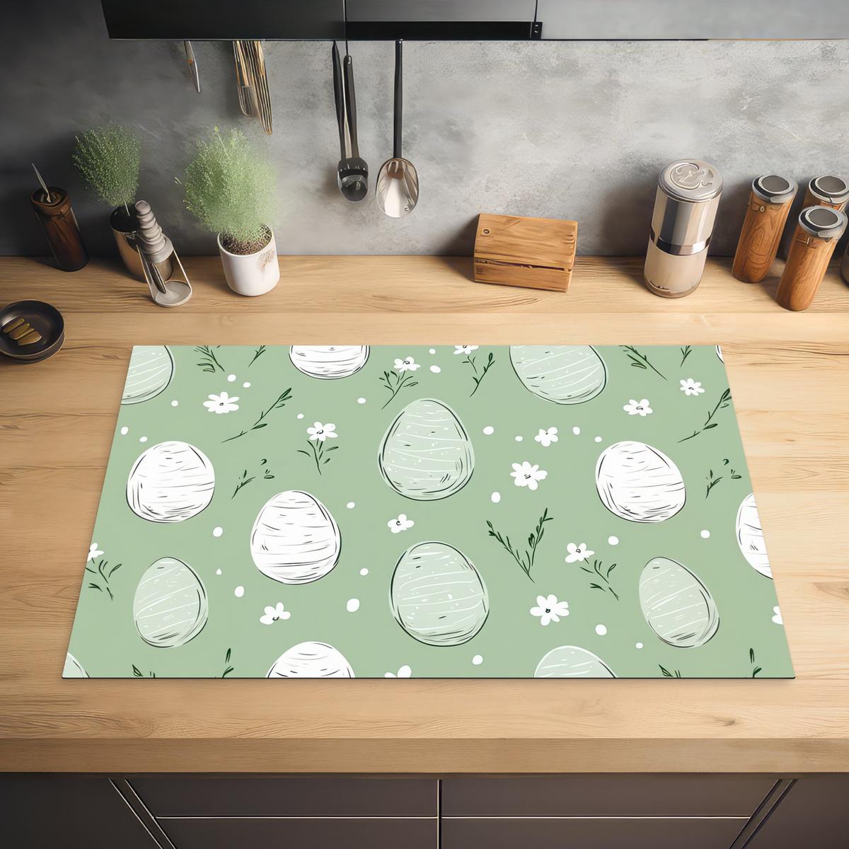 HERDABDECKPLATTE Grün - Eier - Muster Induktionsmatte 81x52 cm - Waldgrün, Kunststoff (81/52/0.2cm) - MuchoWow