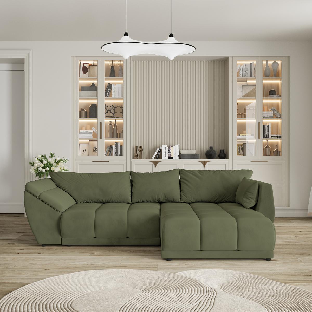 ECKSOFA ORENTI R-S Grün Velours-Stoff mit Schlaffunktion - Grün, Holz (287/182cm) - MASSENO