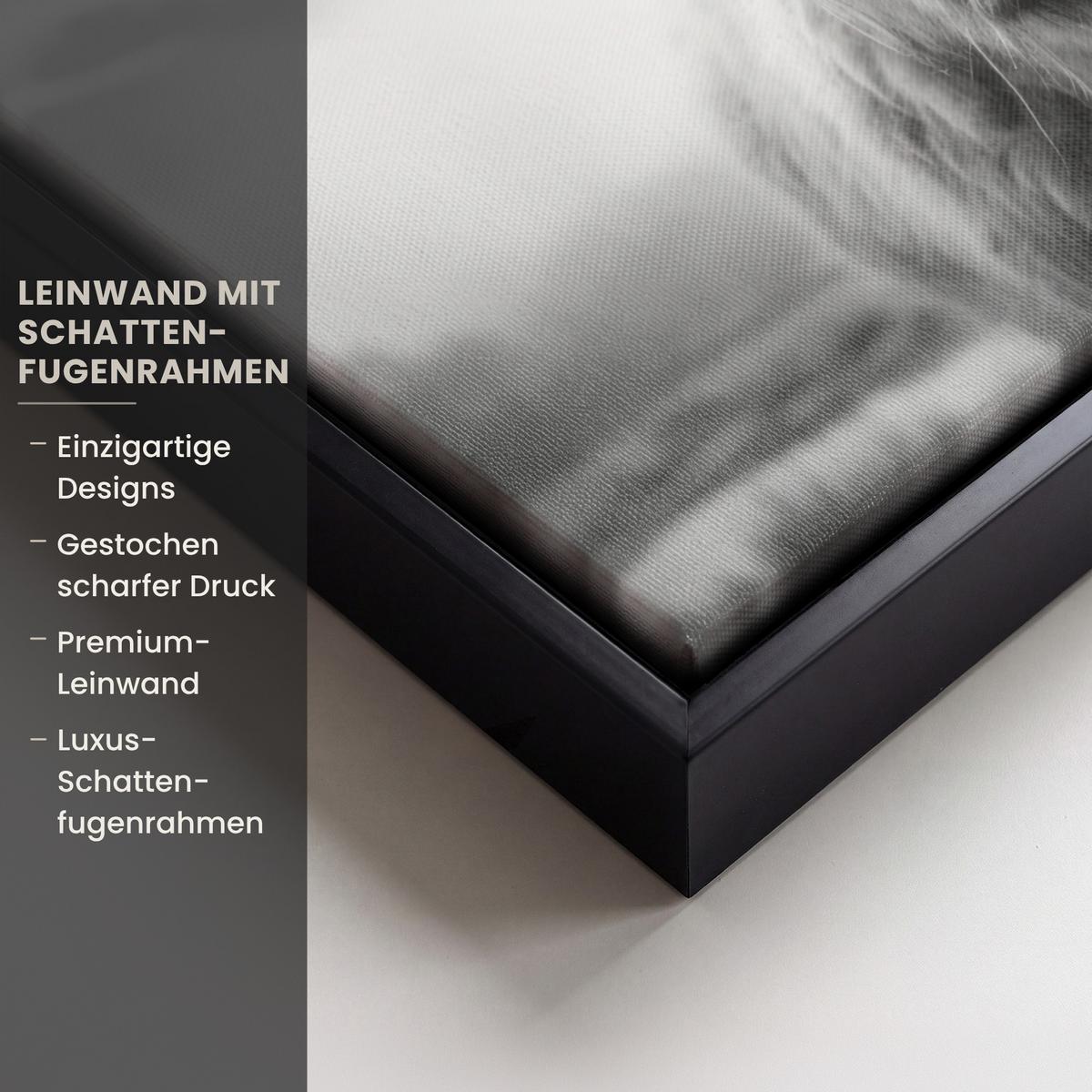 LEINWAND Bilder mit Rahmen - Schottischer Highlander - Nebel - Schwarz - Weiß - 40x30 - Grau, Textil (40/30cm) - MuchoWow