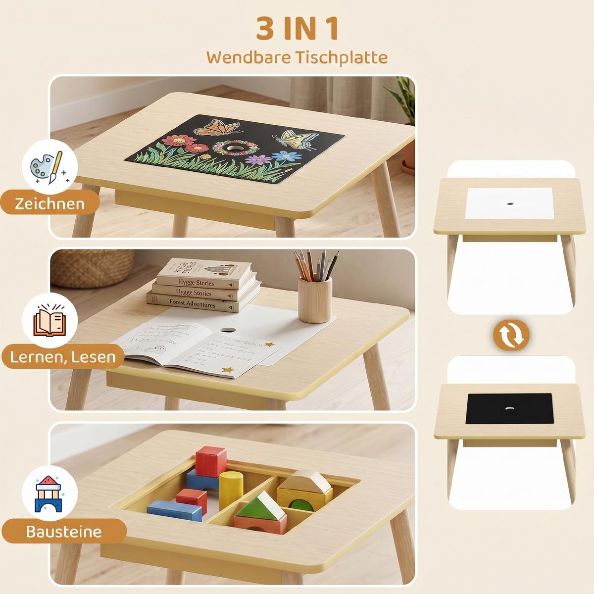KINDER-TISCH-STUHL-SET 3er Set MDF Naturholz - Weiß/Naturfarben, Holz/Holzwerkstoff (60/44/60cm) - AIYAPLAY