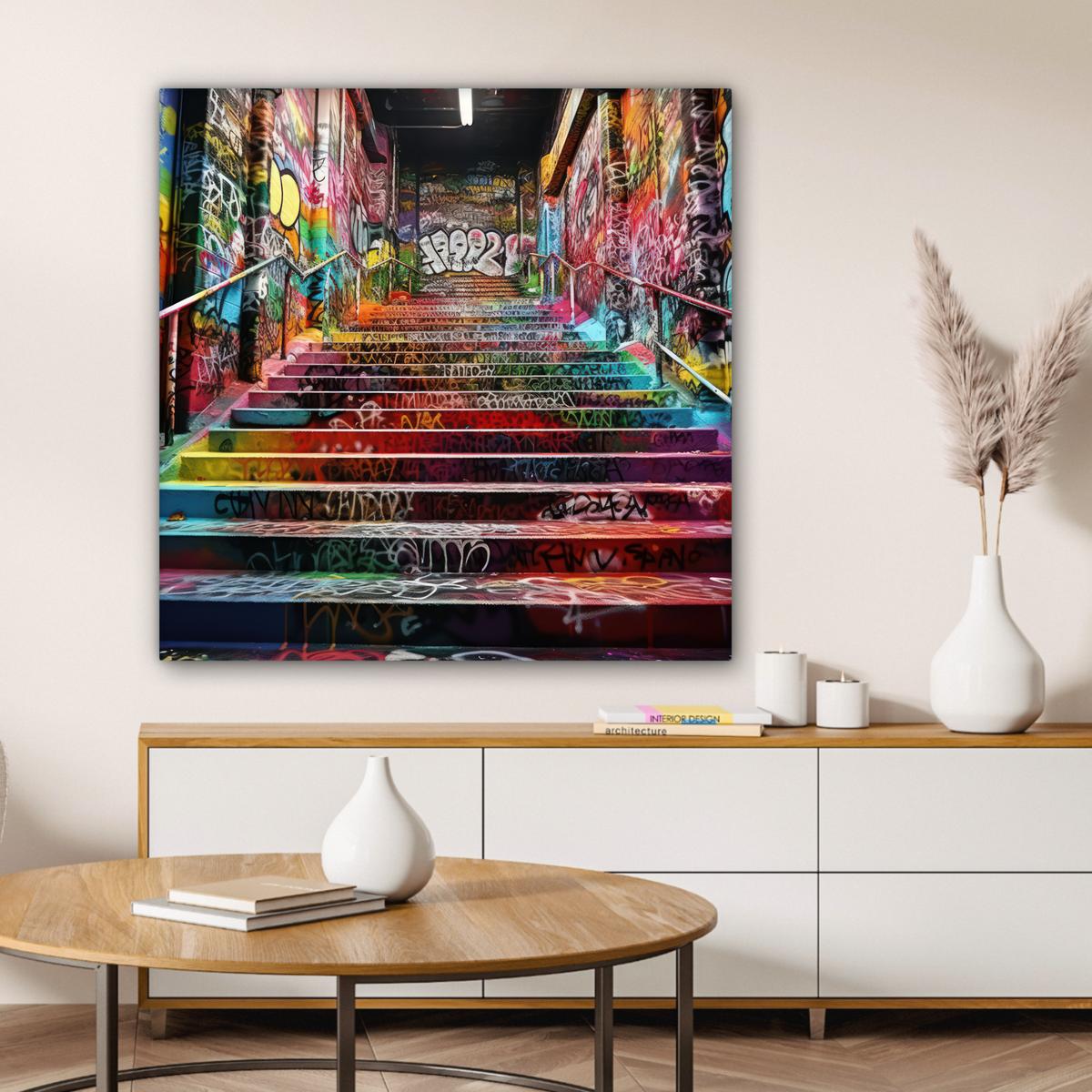 LEINWANDBILD Treppe - Graffiti - Farben - Kunst Deko Groß 90x90 cm - Multicolor, Textil (90/90cm) - MuchoWow