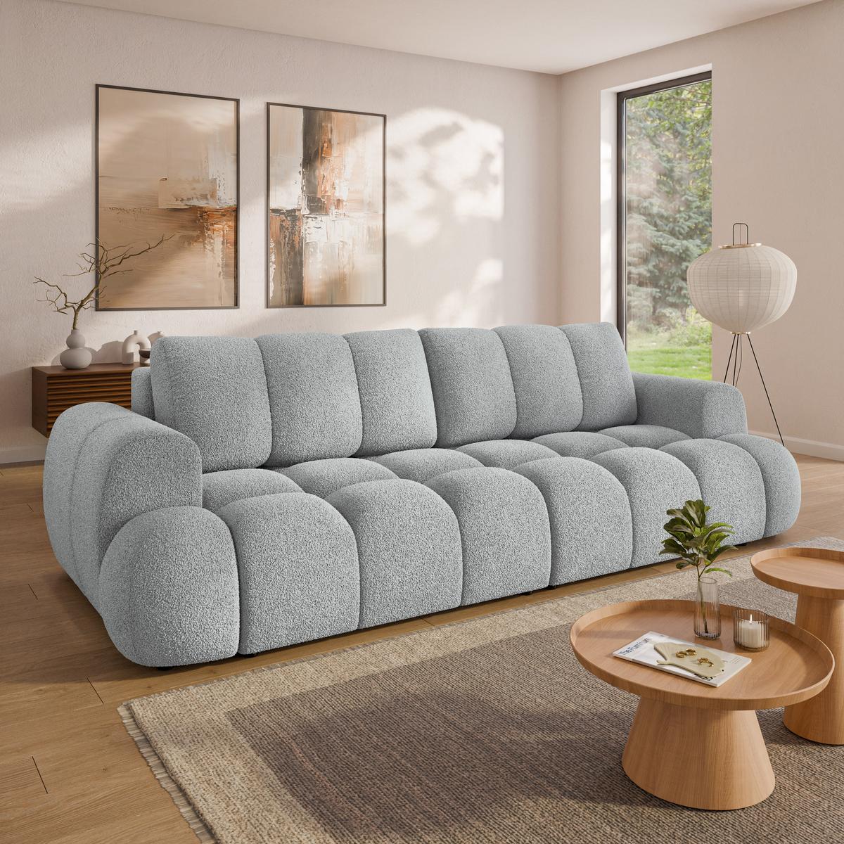 BETTSOFA DAFNE Hellgrau Bucle-Stoff mit Schlaffunktion - Hellgrau, Textil (300/88/113cm) - MASSENO