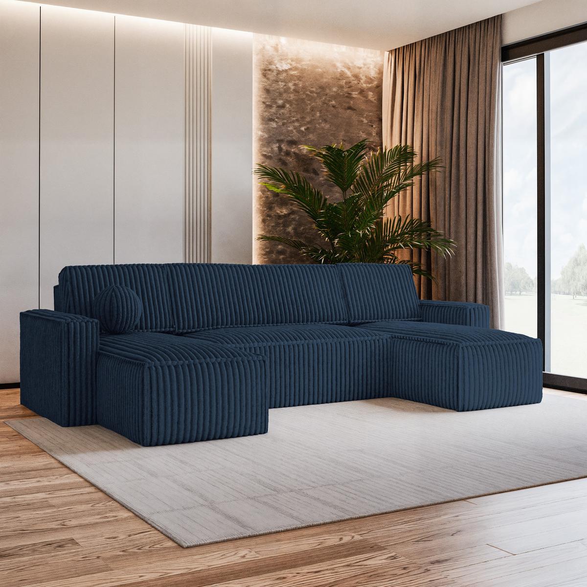 WOHNLANDSCHAFT PESANO T Blau Kordstoff mit Schlaffunktion - Blau/Grau, Holz/Kunststoff (306/85/140cm) - MASSENO