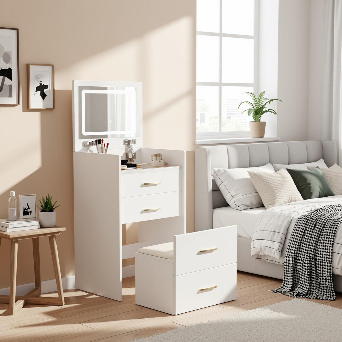 SCHMINKTISCH 3-in-1 Nachttisch (60 cm) in Weiß mit Klappspiegel, Glasplatte & Hocker - Weiß, Holzwerkstoff (60/118/40cm) - Urban Meuble