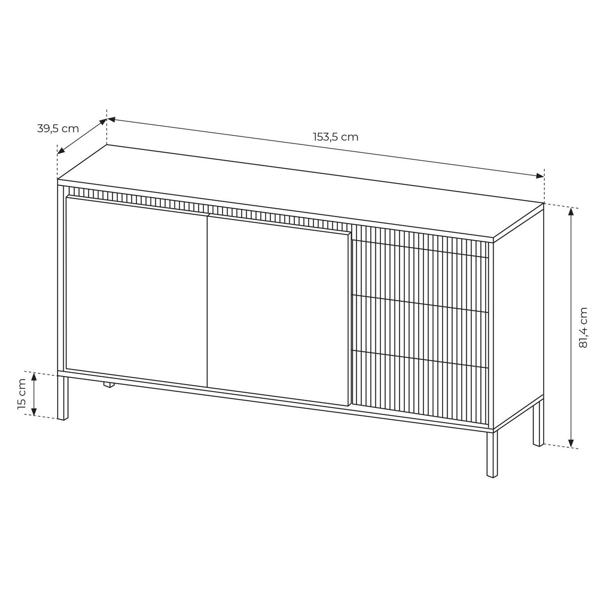 SIDEBOARD Trentinis 2T 3S Schwarz 153,5/81,4/39,5 cm – Geriffelten Fronten - Schwarz, Holzwerkstoff/Metall (153.5/81.4/39.5cm) - AX Living