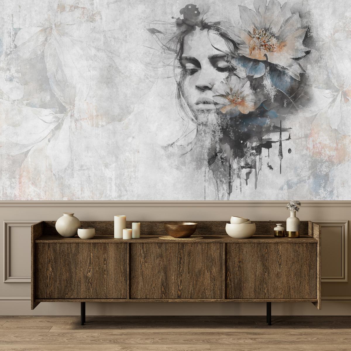 FOTOTAPETE für Wohnzimmer Gesicht Frau Grau Betonwand Blumen 100x70 - Grau, Papier (100/70cm) - Muralo