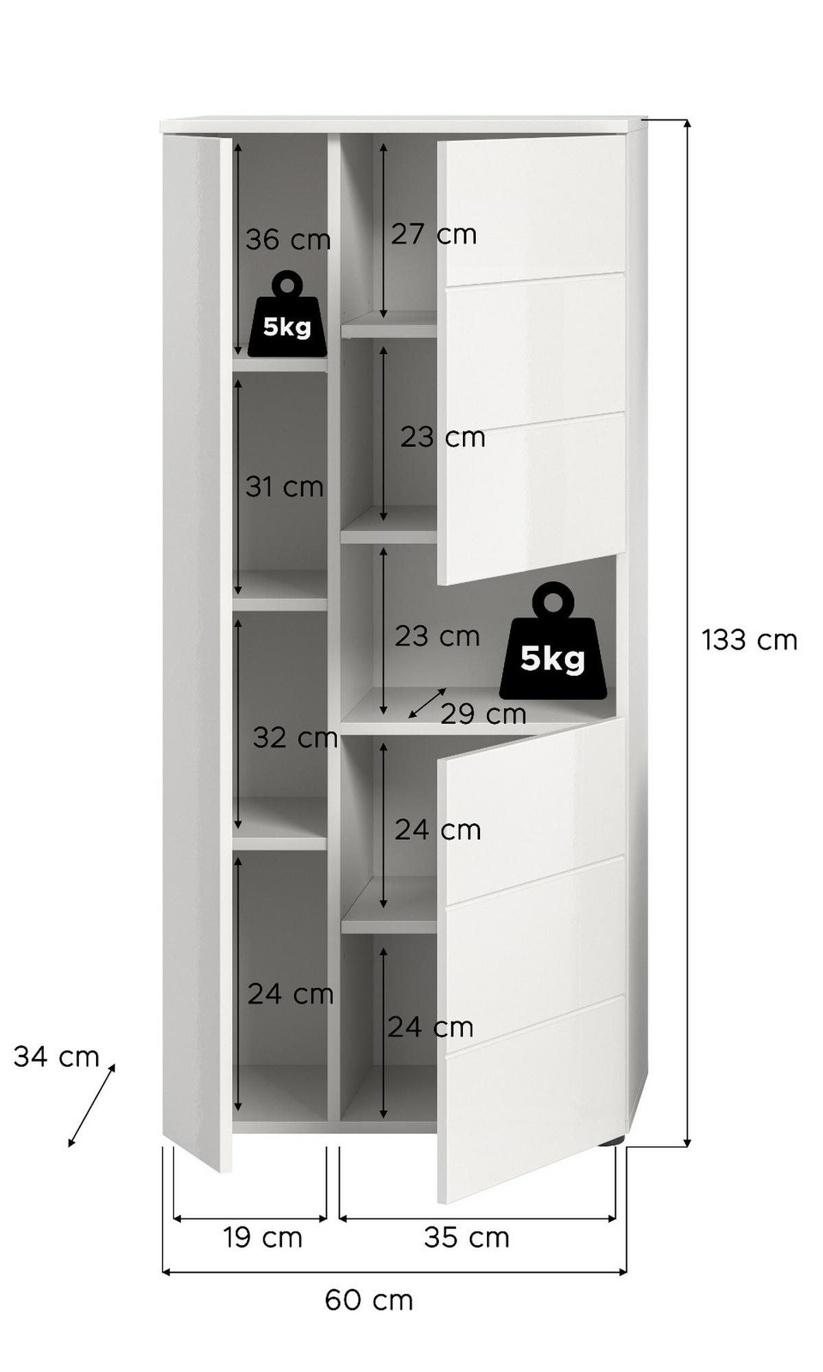 BADSCHRANK weiß Hochglanz 60 x 131 cm, Midischrank mit 9 Fächern - Weiß Hochglanz/Schwarz, Holzwerkstoff/Kunststoff (60/131/34cm) - Inn.Furn