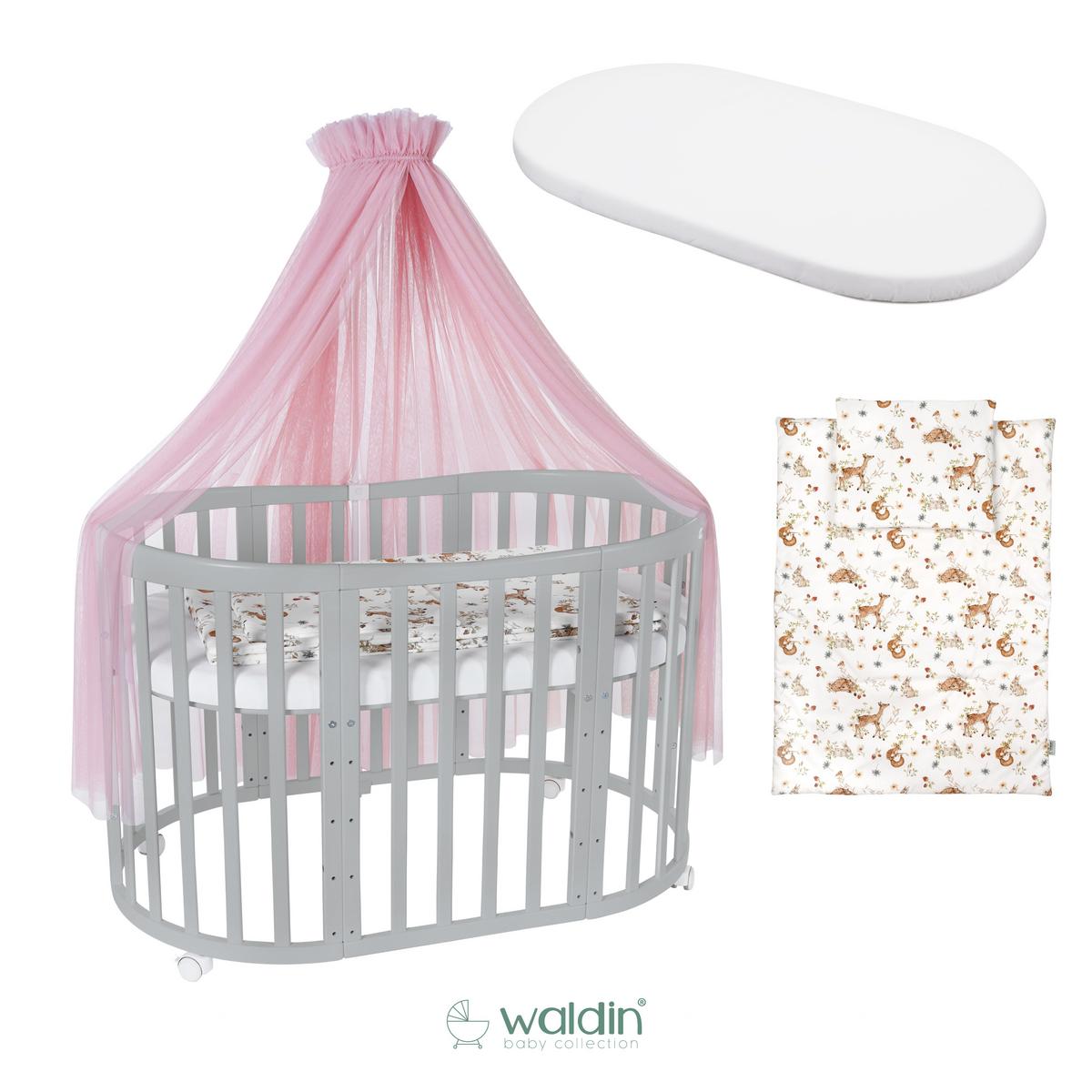 BABYBETT GREY OVAL 7in1 mit Matratze und Himmelset - Rosa/Grau, Holz/Textil (73/125cm) - waldin
