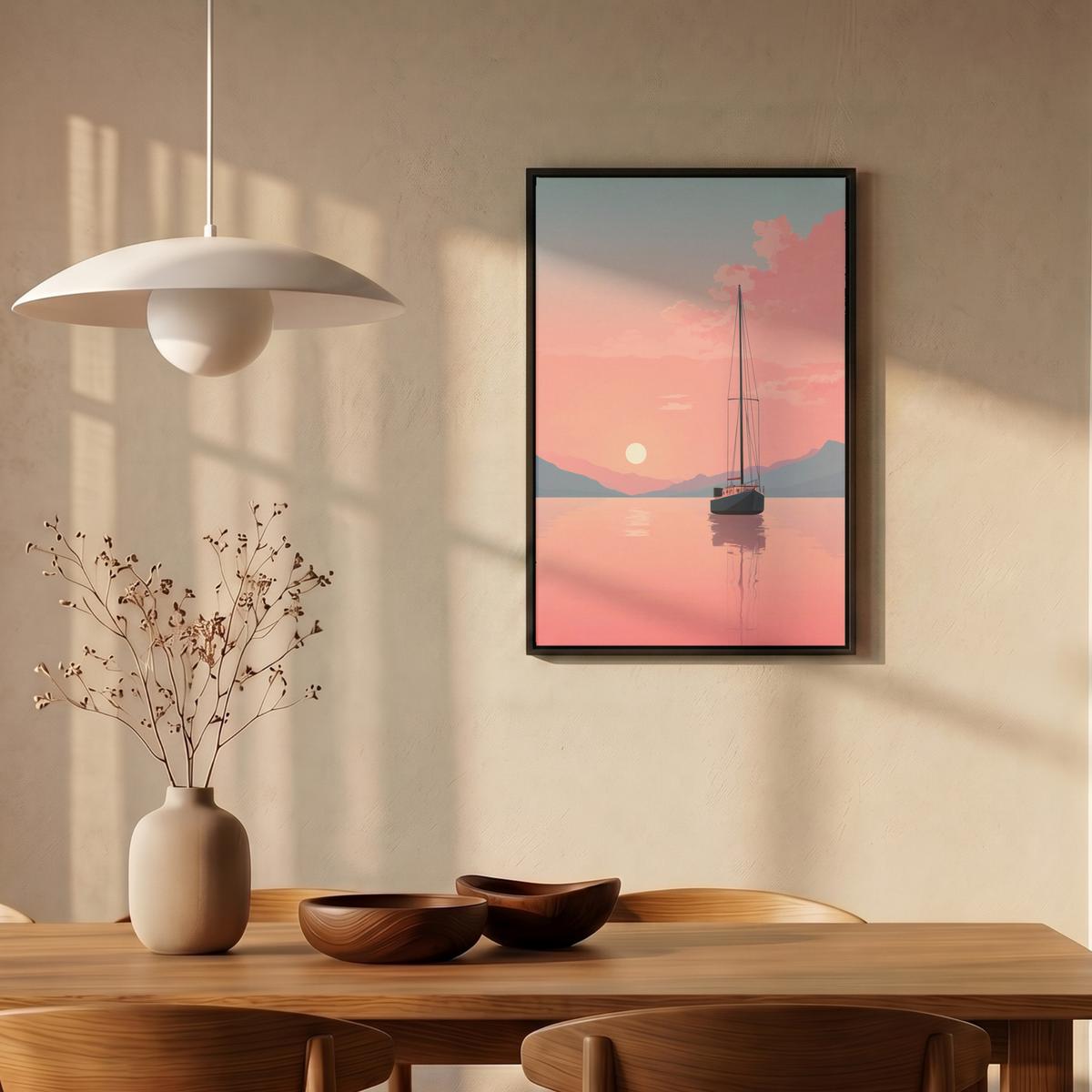 LEINWAND Bilder mit Rahmen - Segelboot - Rosa Meer - Sonnenuntergang - Berge - 40x60 - Rosa, Textil (40/60cm) - MuchoWow