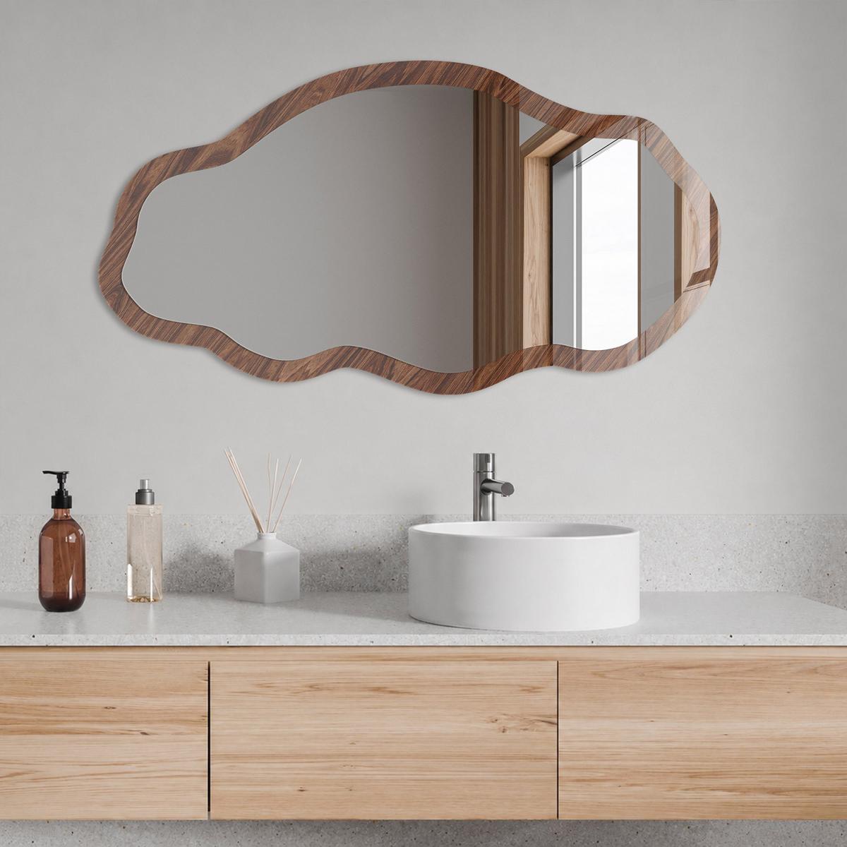 SPIEGEL 90x45 cm asymmetrisch mit Druck - Holzmaserung - Transparent, Glas (45/90/0.4cm) - TULUP