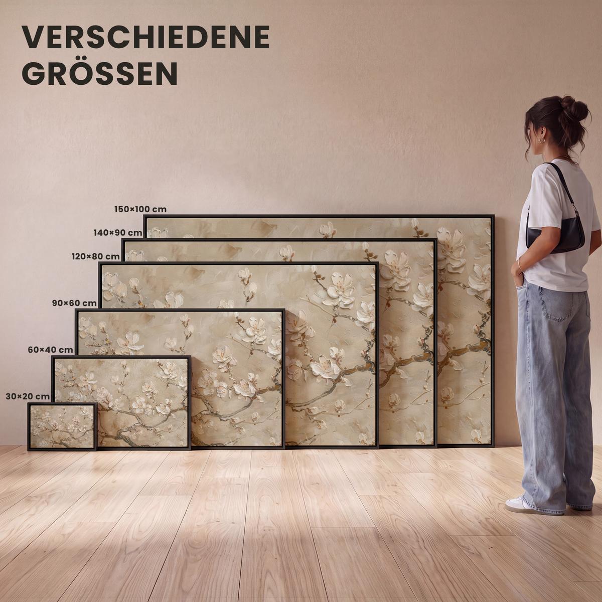 LEINWAND Bilder mit Rahmen - Blumen - Modern - Beige - Weiß - Blüte - 140x90 - Beige, Textil (140/90cm) - MuchoWow