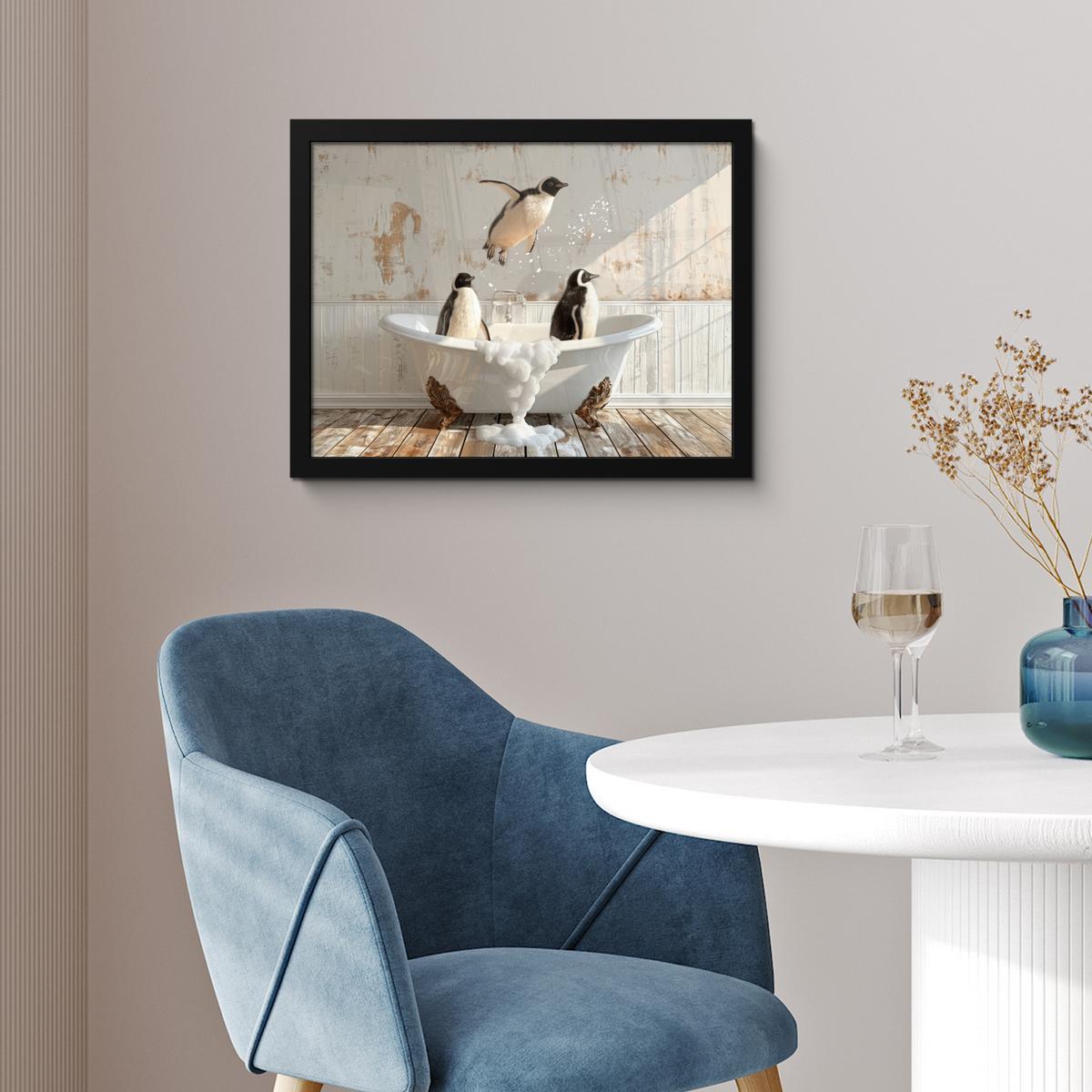 POSTER MIT RAHMENGERAHMTES BILD Vintage - Pinguin - Badewanne - Schaumstoff 40x30 cm - Schwarz, Papier (40/30cm) - MuchoWow