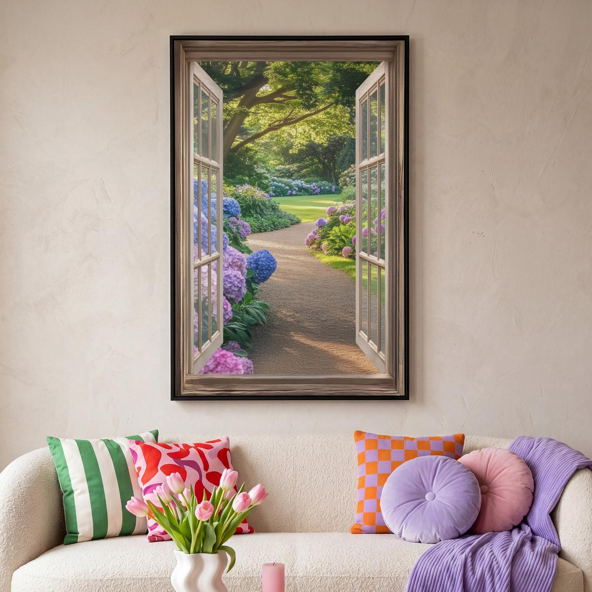 LEINWAND Bilder mit Rahmen - Aussicht - Garten - Fenster - Hortensie - Blumen - 100x150 - Pastellblau, Textil (100/150cm) - MuchoWow