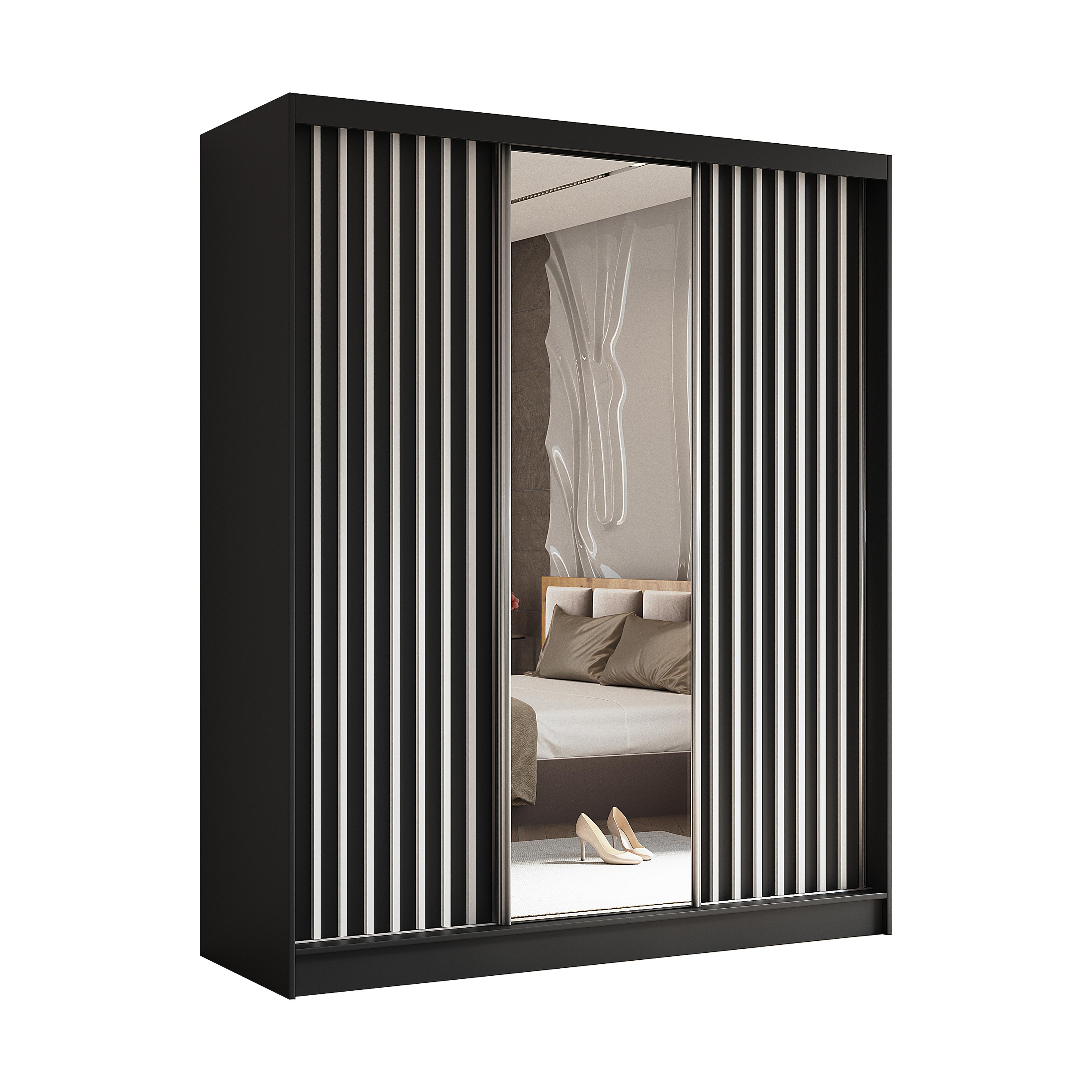 SCHWEBETÜRENSCHRANK LAMELLO 180/216/61 cm 3-türig mit Spiegel Schwarz - Schwarz, Holzwerkstoff (180/216/61cm) - MASSENO