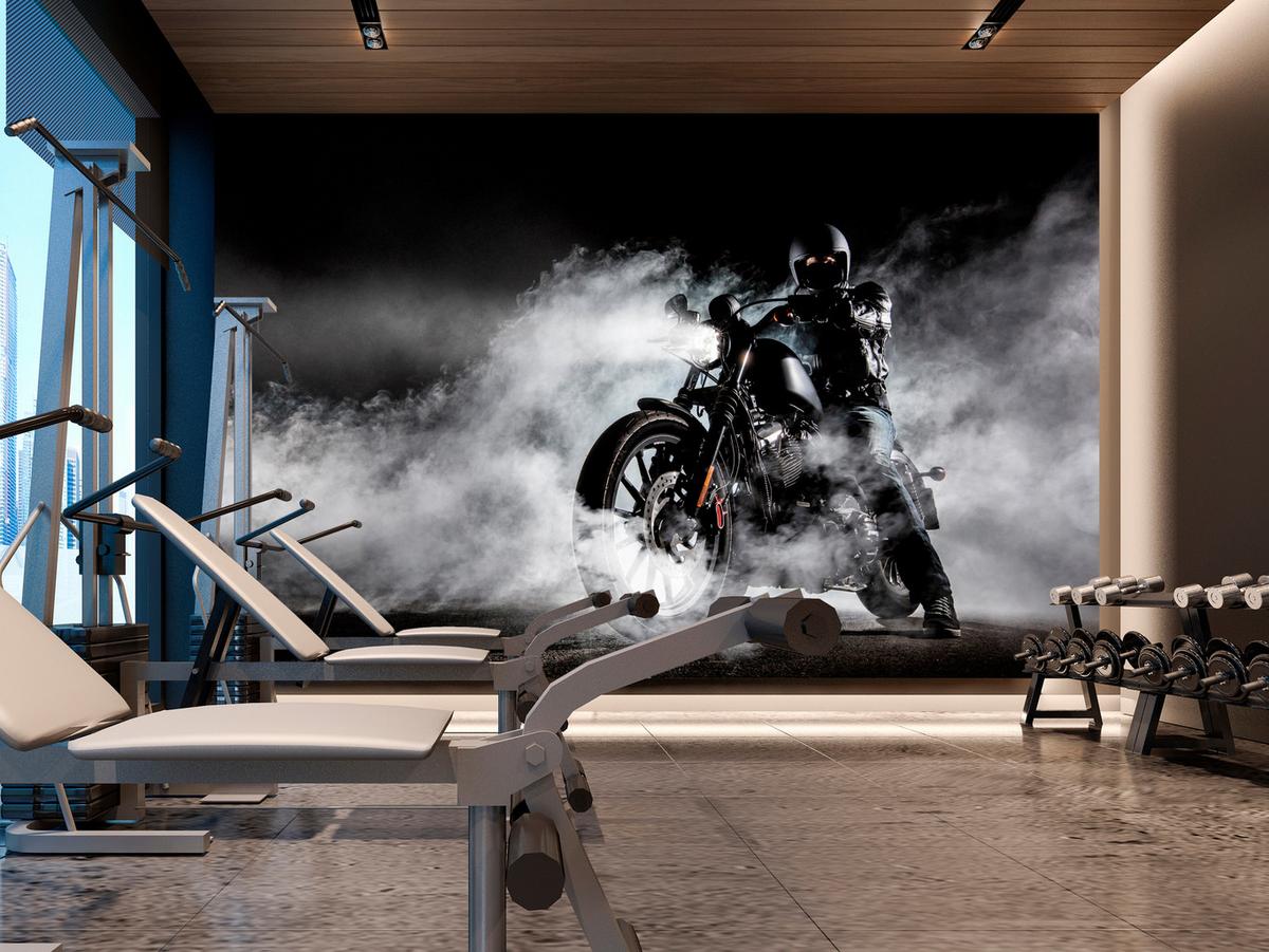 FOTOTAPETE für Jugendzimmer Motorrad Nebel Mann Straße Rauch Sport Action 350x256 - Schwarz/Weiß, Papier (350/256cm) - Muralo