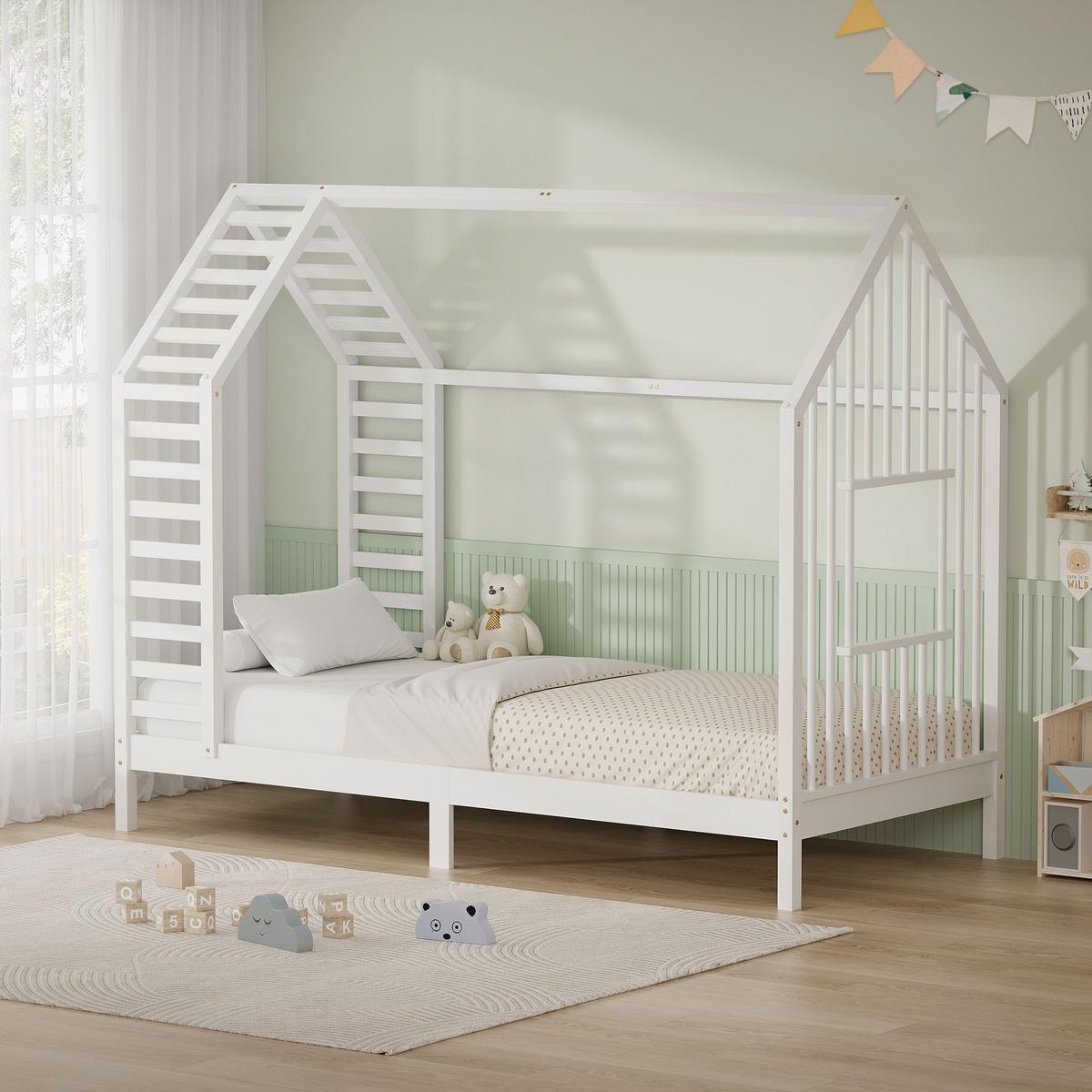 KINDERBETT 90x200 cm mit Matratze Lattenrost & Dach Hausbett aus massivem Kiefernholz Weiß - Weiß, Holz (90/200cm) - ML-DESIGN