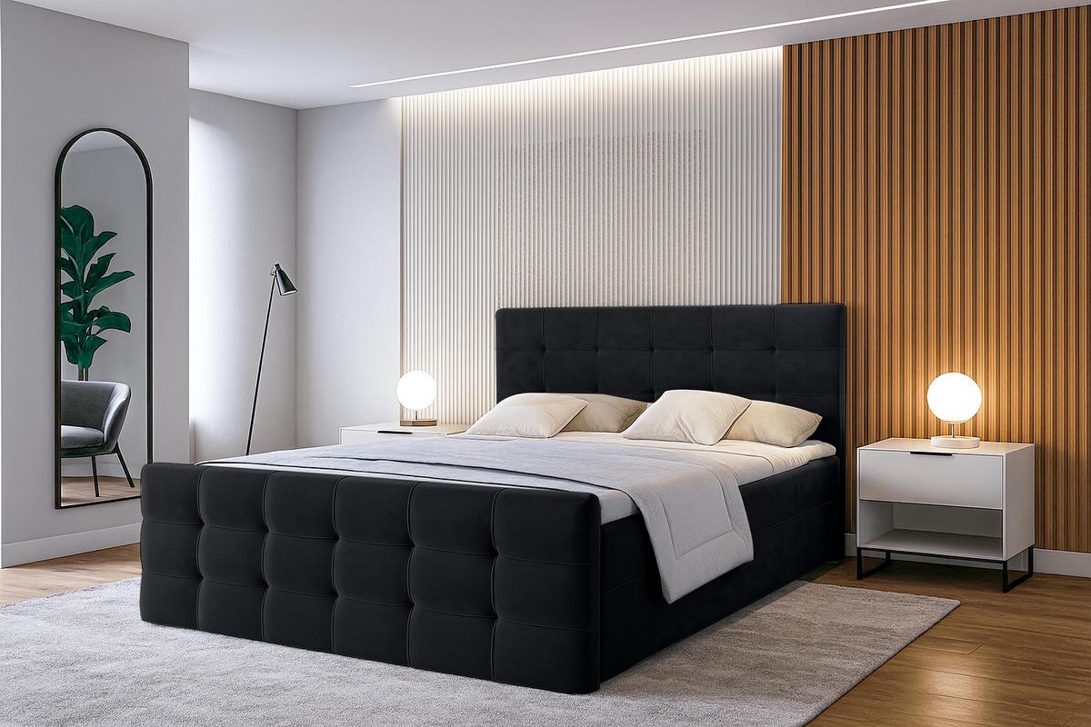 BOXBETT ARGENTARO 140x200 cm mit Bettkasten und Matratze - Schwarz + TOPPER - Schwarz, Holz/Holzwerkstoff (140/200cm) - AX Living