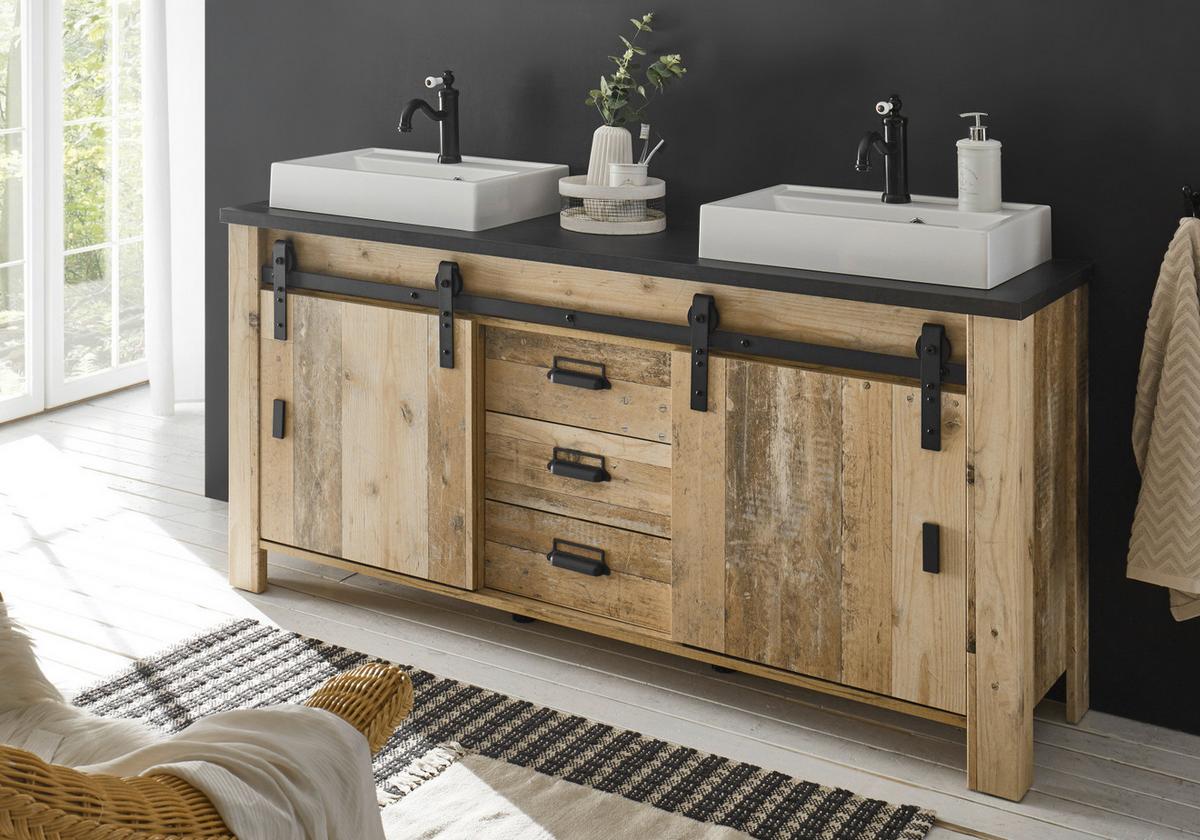DOPPELWASCHTISCH Used Wood hell, anthrazit, Waschtisch Komplett-Set inkl. 2x Waschbecken, 164 cm - Eichefarben/Anthrazit, Holz/Holzwerkstoff (164/81/43cm) - Furn.Design