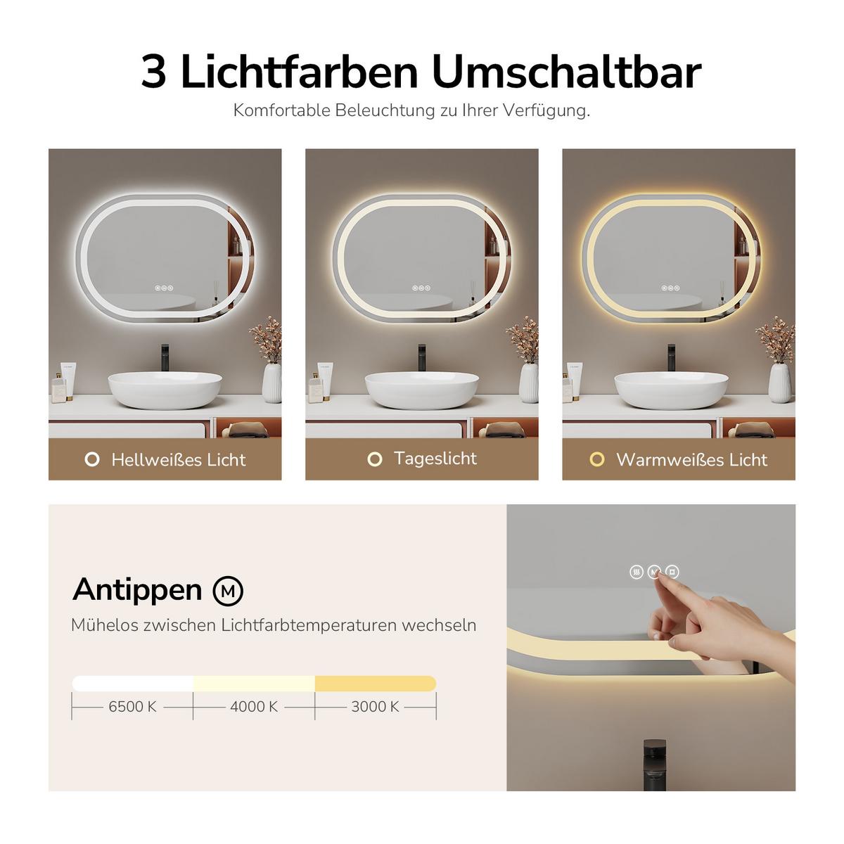 BADSPIEGEL mit Beleuchtung in Laufbahnform 80/60 cm - Transparent, Glas (80/60/2.5cm) - EMKE