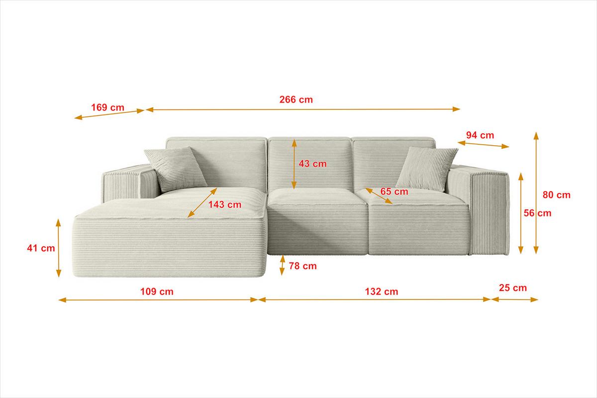 ECKSOFA Ottomane Rechts SERRA-L - 266x169x80 cm Grün Cord - Schwarz/Grün, Holzwerkstoff/Kunststoff (266/169cm) - ALTDECOR