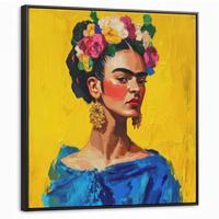 LEINWAND Bilder mit Rahmen - Frida Kahlo - Frau - Gelb - Blau - Blumen - 90x90 - Gelb, Textil (90/90cm) - MuchoWow