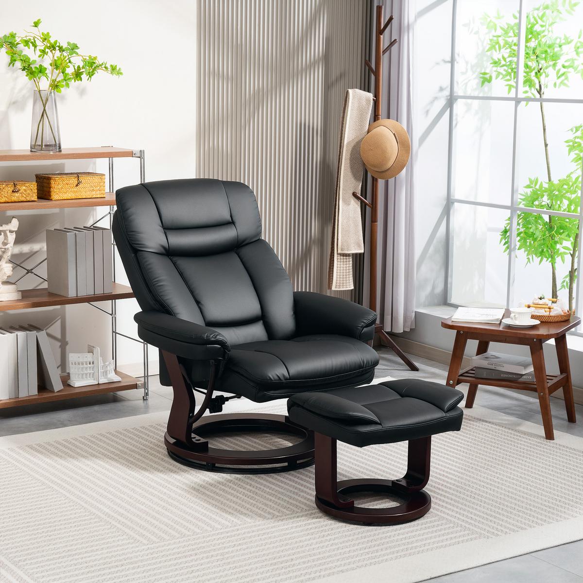 RELAXSESSEL mit Hocker drehbarer Fernsehsessel mit Liegefunktion Taschenfeder - Schwarz, Kunststoff (83/107/86cm) - HOMCOM
