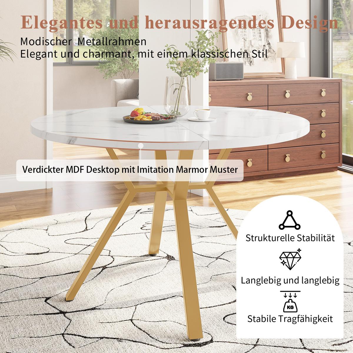 ESSTISCH runder marmor-optik Ø 100 cm mit X-metallgestell - Goldfarben, Holzwerkstoff (100/100/75cm) - Urban Meuble