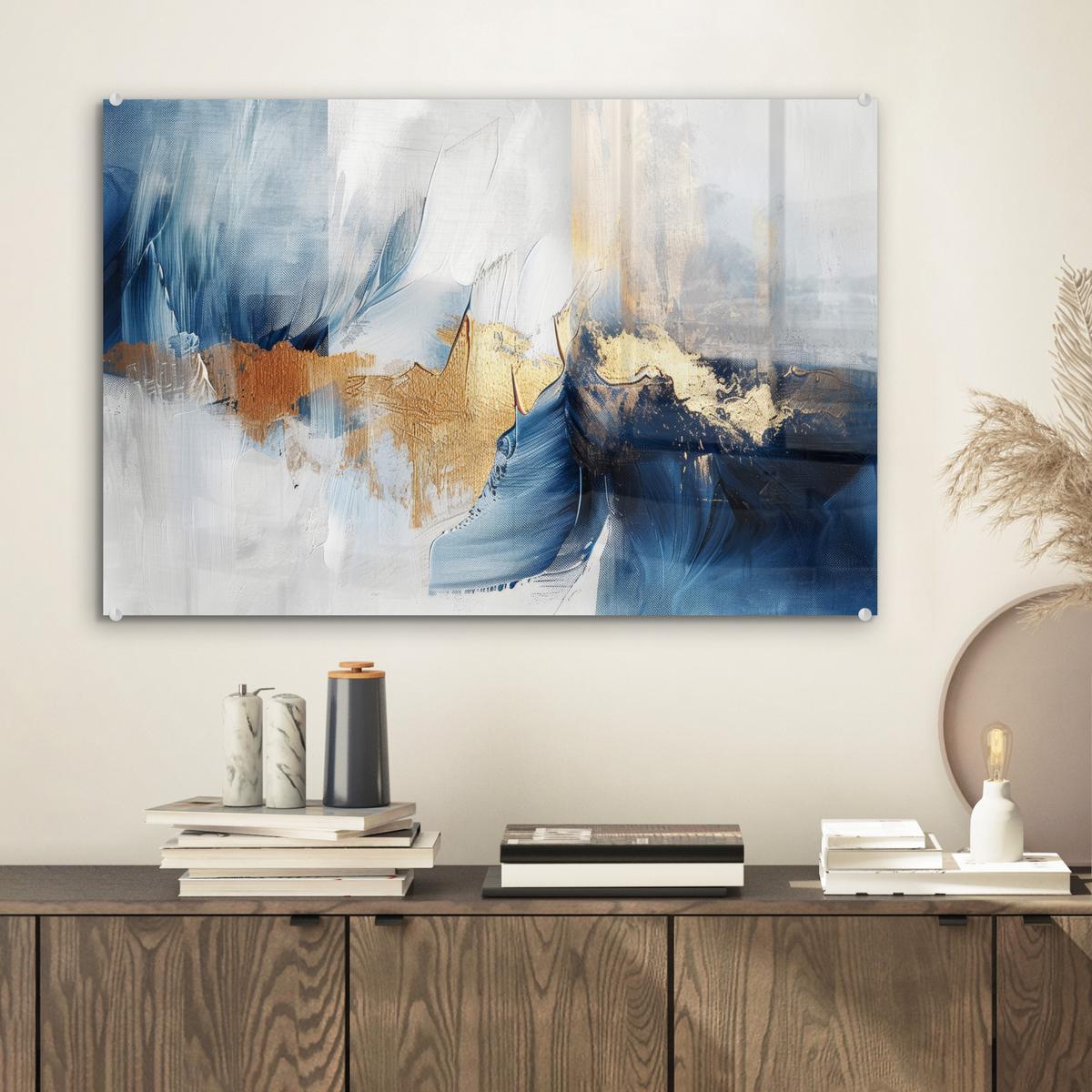 ACRYLGLASBILD Gold - Blau - Aquarell - Kunst - Modern Wanddeko 60x40 cm - Hellblau, Glas (60/40cm) - MuchoWow
