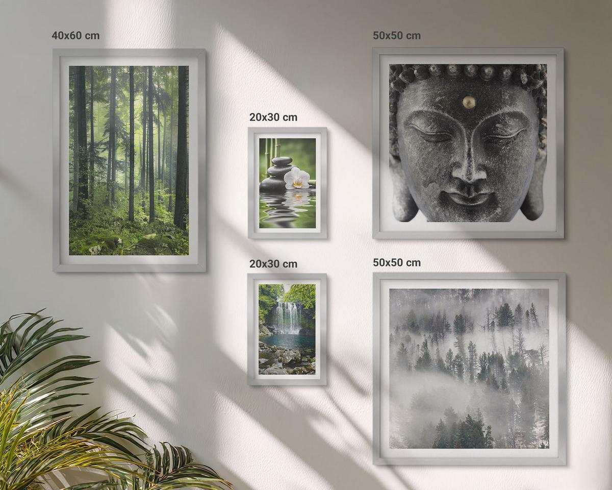 BILDER SET 5er Set - 50x50 cm & 20x30 cm & 40x60 cm Silberner Rahmen - Harmonie der Natur, Steine, Wasser, Buddha - Silberfarben, Kunststoff (40/60cm) - TULUP