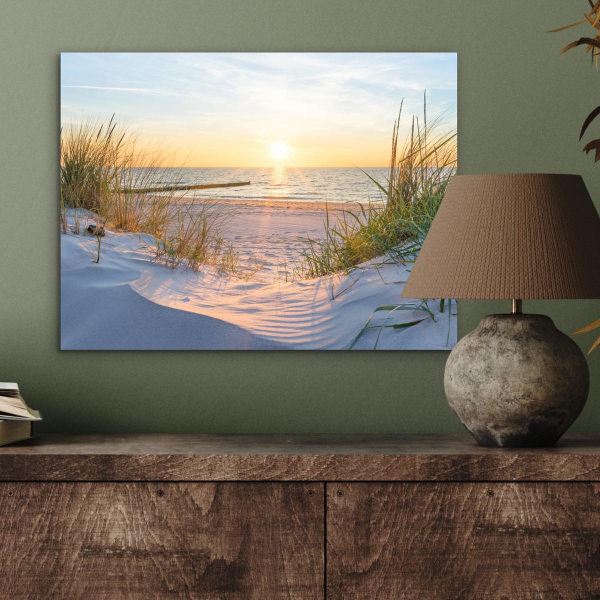METALLBILD Strand - Sonne - Düne - Gras - Sand - Horizont 40x30 cm - Hellblau, Metall (40/30cm) - MuchoWow