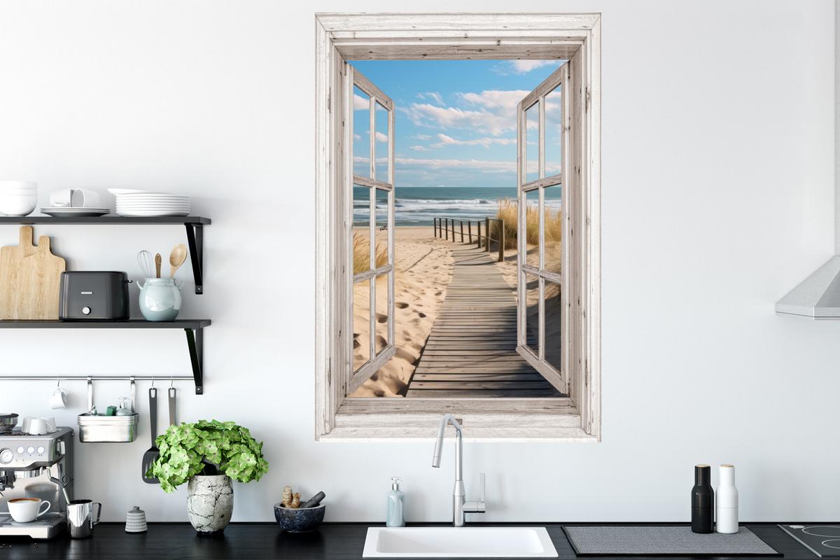 WANDTATTOO Fenster - Meer - Küste - Natur - Ausblick - Strand - Wattenmeer Wandaufkleber 80x120 cm - Beige, Kunststoff (80/120/0.1cm) - MuchoWow