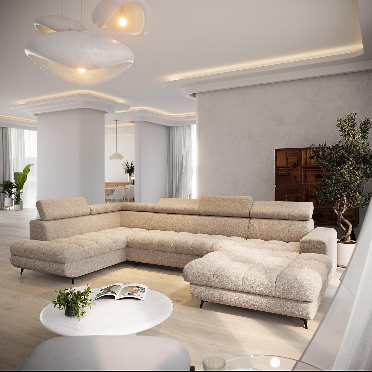 WOHNLANDSCHAFT CORENO Beige Boucle-Stoff mit Schlaffunktion - Beige, Holz (345/88/190cm) - MASSENO