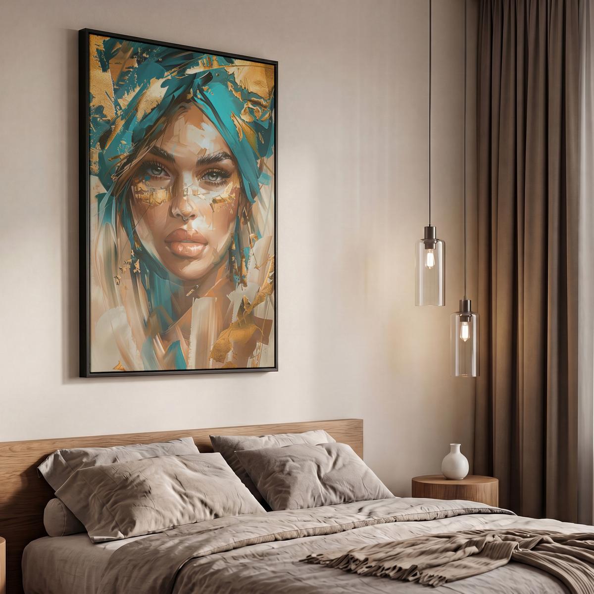LEINWAND Bilder mit Rahmen - Frau - Porträt - Gold - Luxus - Blau - 60x90 - Türkis, Textil (60/90cm) - MuchoWow