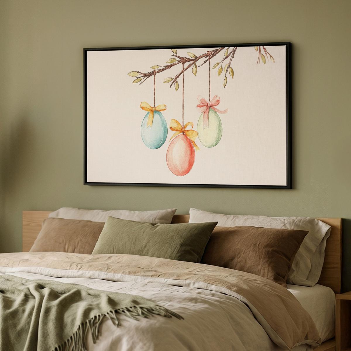 LEINWAND Bilder mit Rahmen - Osterkuchen - Schleife - Eier - 90x60 - Creme, Textil (90/60cm) - MuchoWow