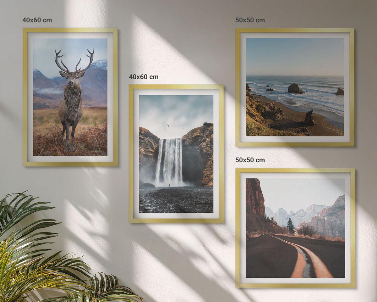 BILDER SET 4er Set - 50x50 cm & 40x60 cm Goldrahmen - Berglandschaften, Wasserfälle, Hirsche, Strände - Goldfarben, Kunststoff (50/50cm) - TULUP