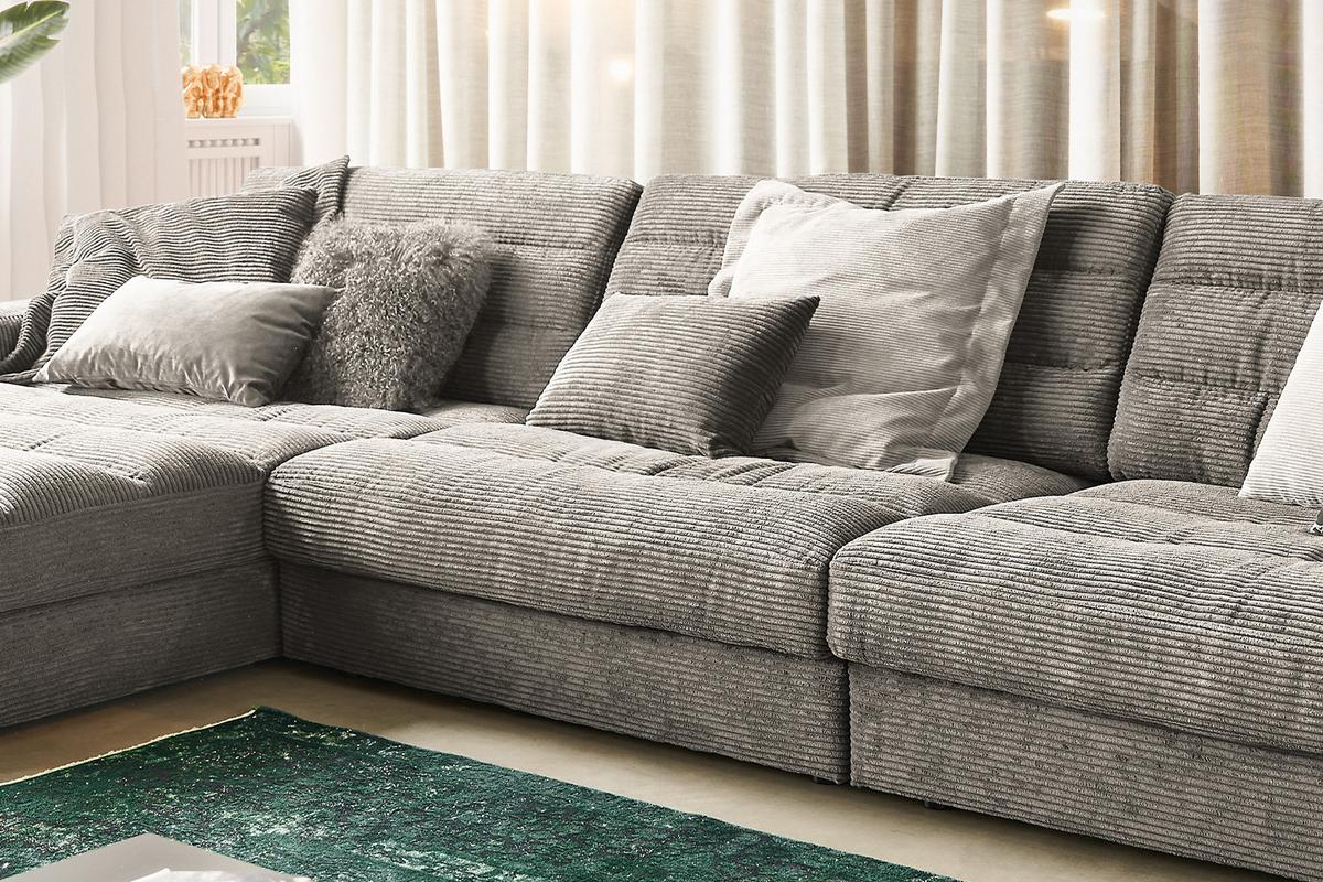 ECKSOFA XL LANA Steingrau Cord - Greige/Schwarz, Textil (416/205cm) - KAWOLA