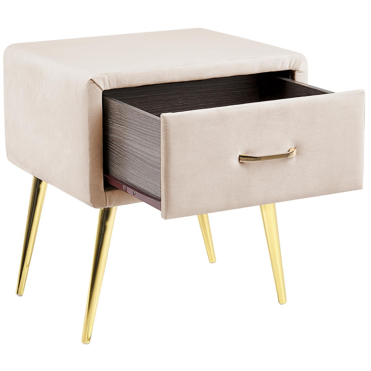 NACHTTISCH Samtstoff beige/gold 1 Schublade 38/46/49 cm Flayat - Beige/Roségold, Textil (46/49/38cm) - Beliani