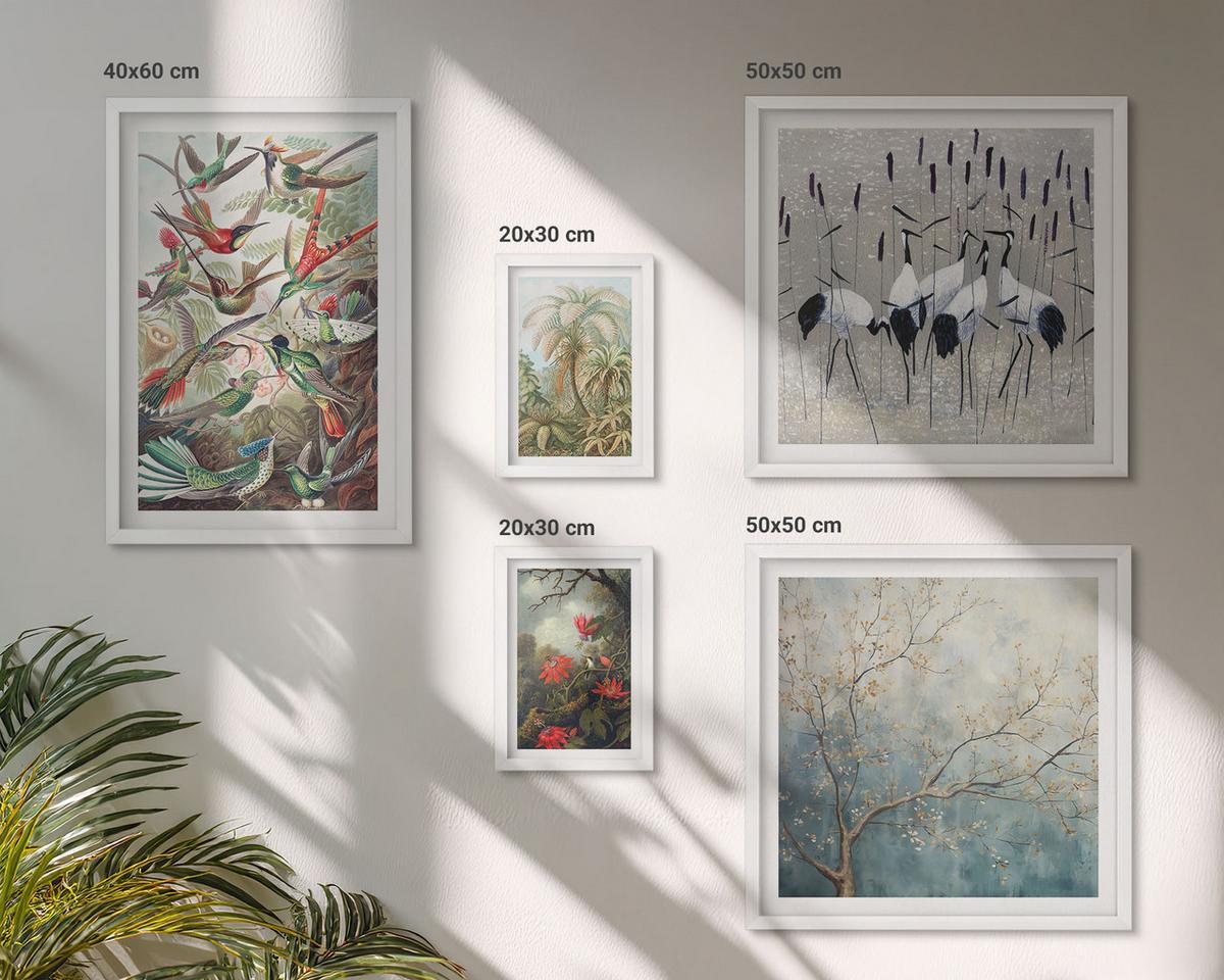 BILDER SET 5er Set - 50x50 cm & 20x30 cm & 40x60 cm Weißer Rahmen - Pastellfarbene Berglandschaft mit rosa Flamingos - Weiß, Kunststoff (40/60cm) - TULUP