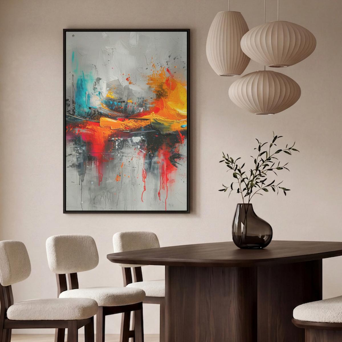 LEINWAND Bilder mit Rahmen - Moderne Kunst - Orange - Grau - Abstrakt - 100x150 - Hellgrau, Textil (100/150cm) - MuchoWow