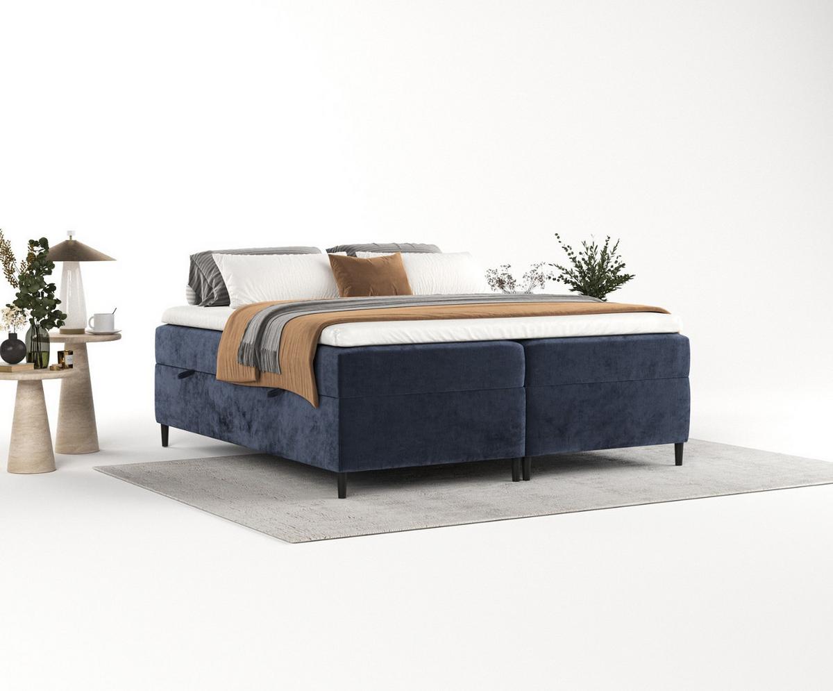 BOXBETT Theo 160/200 cm Marineblau im Lotta Stoff - Schwarz/Dunkelblau, Holz/Holzwerkstoff (160/200cm) - AltaBeds