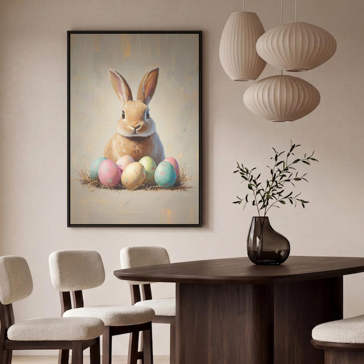 LEINWAND Bilder mit Rahmen - Osterhase - Pastell - Eier - 100x150 - Beige, Textil (100/150cm) - MuchoWow