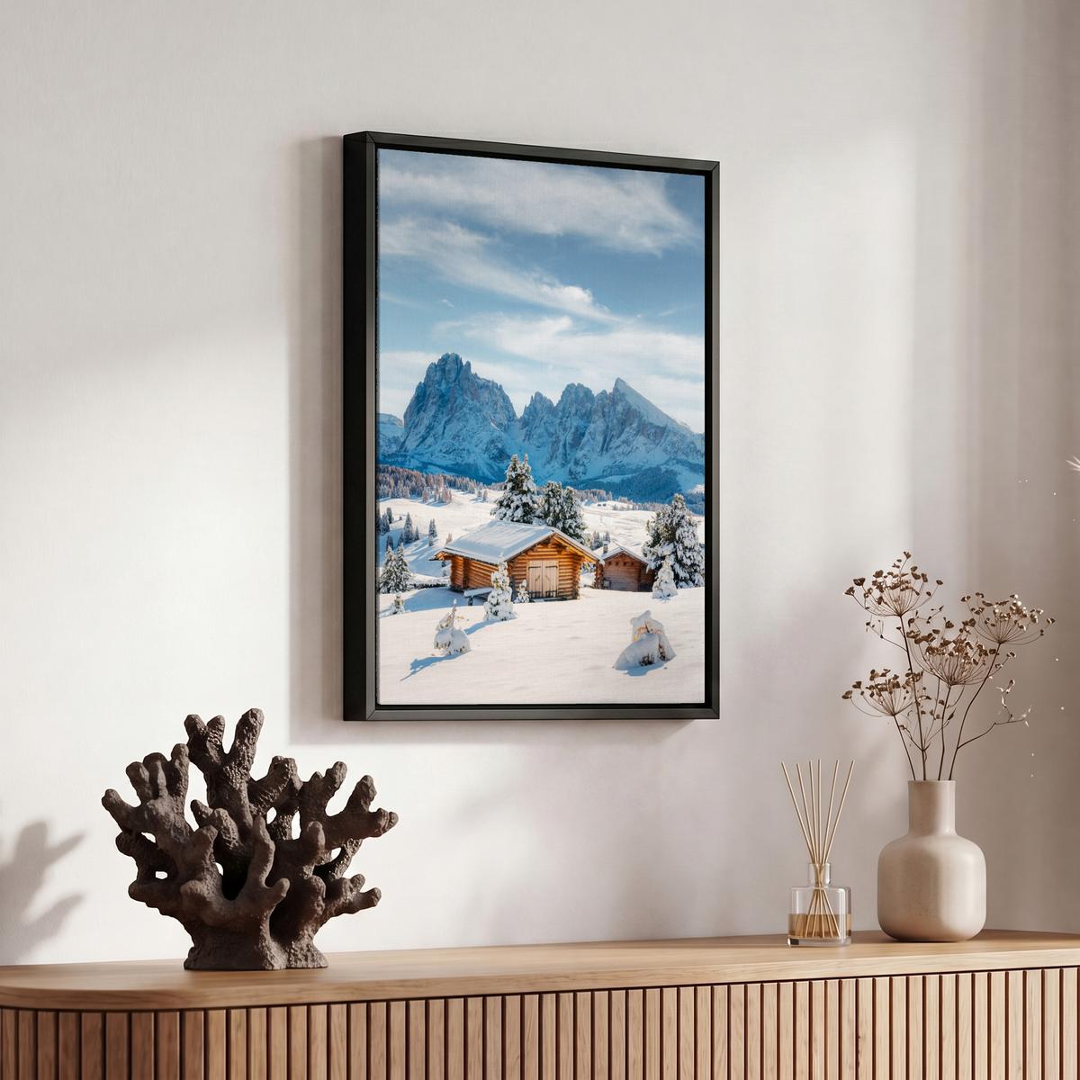 LEINWAND Bilder mit Rahmen - Winter - Hütte - Berge - Aussicht - Schnee - 20x30 - Eichefarben, Textil (20/30cm) - MuchoWow
