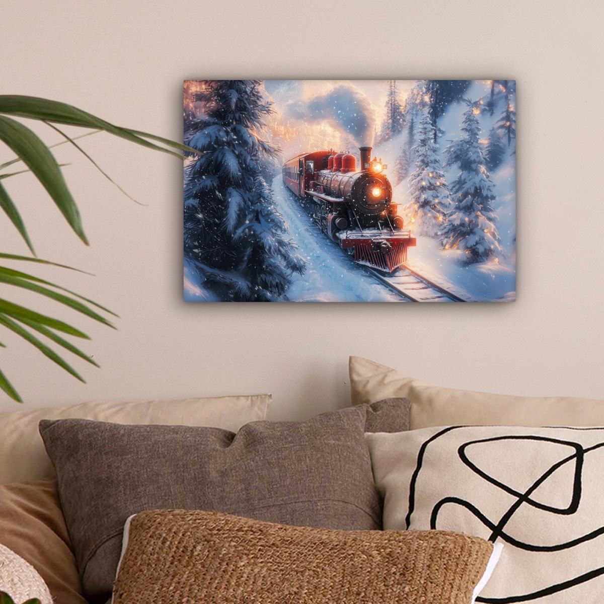 LEINWANDBILD Weihnachtszug - Schnee - Winter - Weihnachten Deko Schlafzimmer 30x20 cm - Dunkelrot, Textil (30/20cm) - MuchoWow