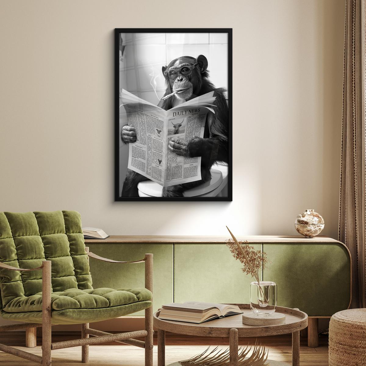 POSTER MIT RAHMENGERAHMTES BILD Affe - WC - Zeitung - Schwarz-Weiß - Humor 60x90 cm - Hellgrau, Papier (60/90cm) - MuchoWow