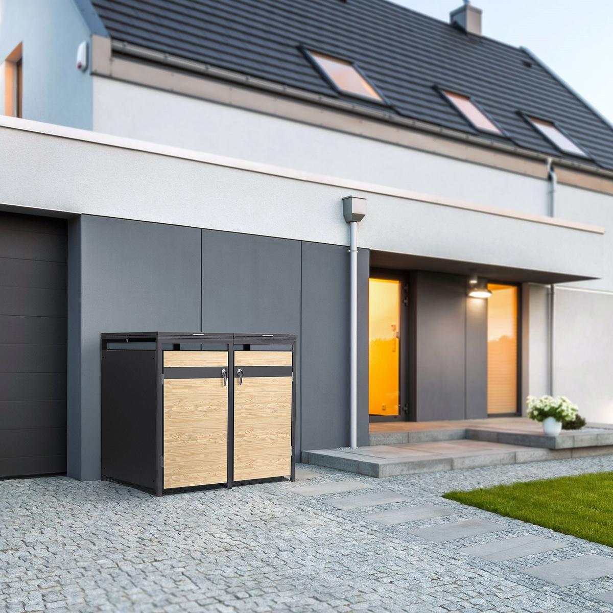 MÜLLTONNENBOX 3er Anthrazit-Holzoptik - Hellbraun, Metall (200/120/80cm) - ML-DESIGN