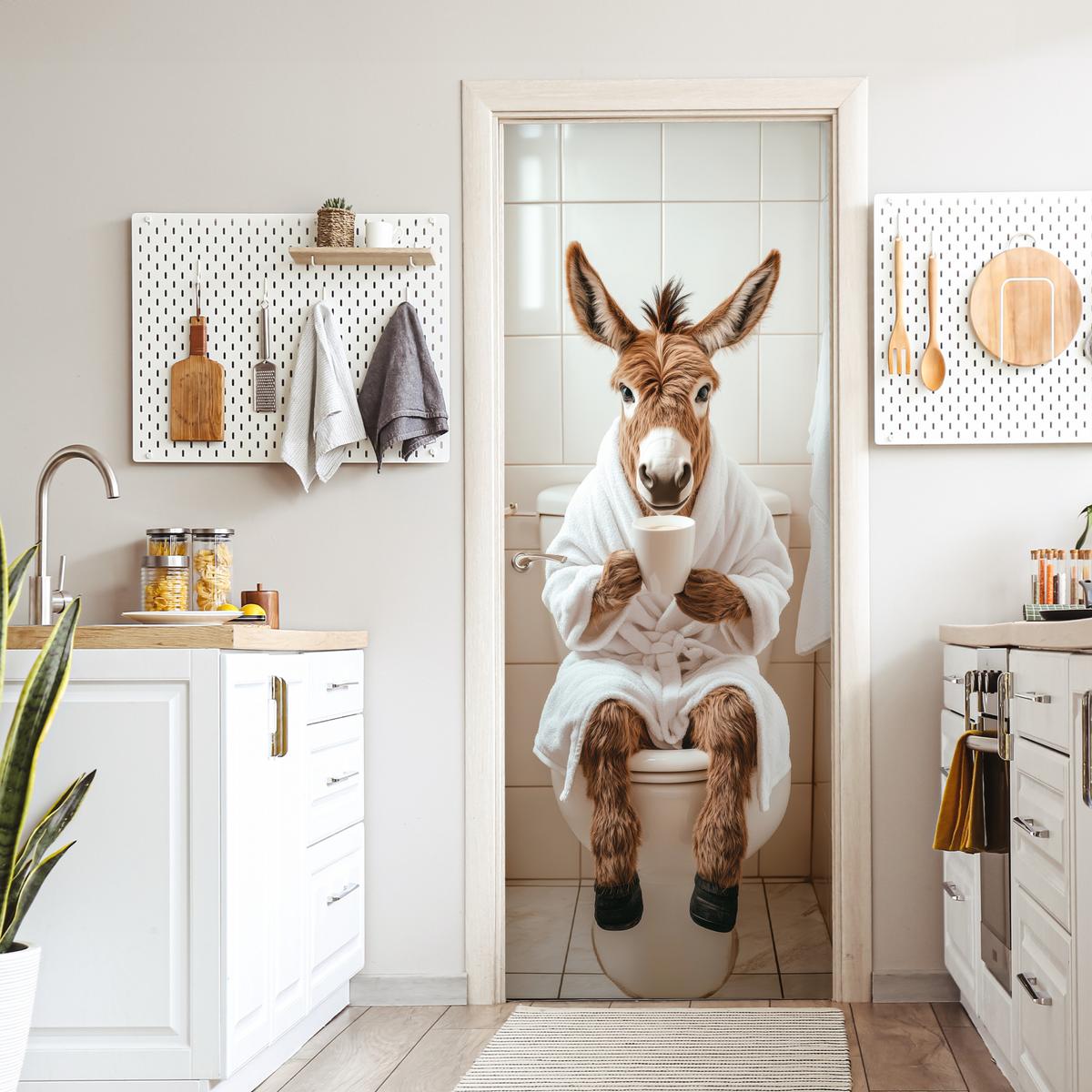 TÜRAUFKLEBER Esel - WC - Lustig - Bademantel - Tier 80x215 cm - Türtapete - Beige, Kunststoff (80/0.1cm) - MuchoWow