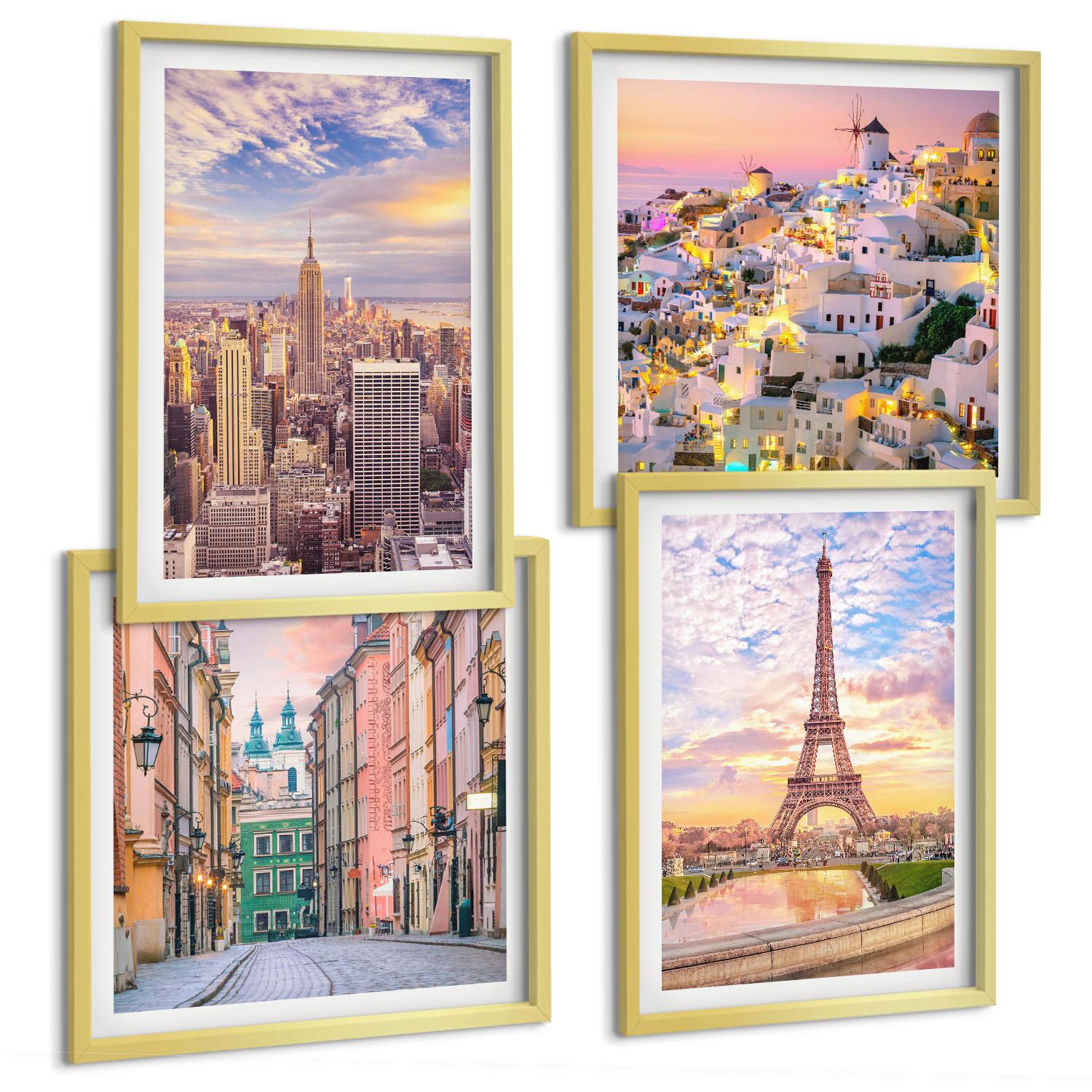 BILDER SET 4er Set - 50x50 cm & 40x60 cm Goldrahmen - New York Paris Oia Warschau Dämmerung - Goldfarben, Kunststoff (50/50cm) - TULUP